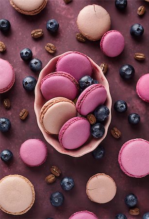 Coffee and blueberry macaroons, top view. French almond macaroons. Concept macaroon background. Fotografie stock - Microstock e Abbonamento, Codice: 400-08963828