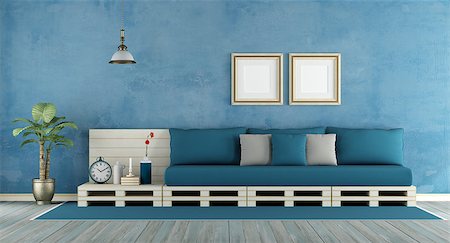 simsearch:400-08797073,k - Blue retro living room with pallet sofa - 3d rendering Photographie de stock - Aubaine LD & Abonnement, Code: 400-08963847