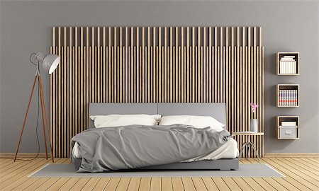 simsearch:400-07796866,k - Modern master bedroom with white double bed and decorative wooden panel - 3d rendering Stock Photo - Budget Royalty-Free & Subscription, Code: 400-08963840