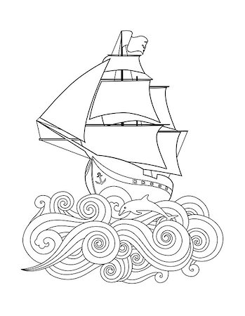 Contour image of ship on the wave in zentangle ispired doodle style isolated on white. Vertical composition. Coloring book, antistress page for adult and older children. Vector illustration. Stock Photo - Budget Royalty-Free & Subscription, Code: 400-08974144