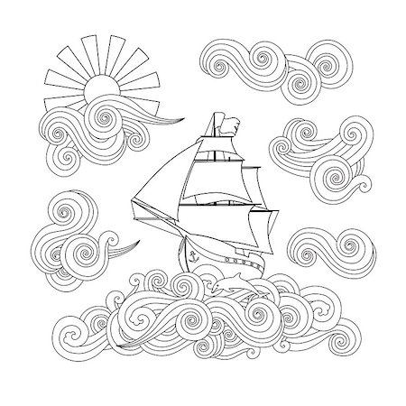 Contour image of ship on the wave, cloud, sun in zentangle inspired doodle style. Square composition. Coloring book, antistress page for adult and older children. Editable vector illustration. Stock Photo - Budget Royalty-Free & Subscription, Code: 400-08974145