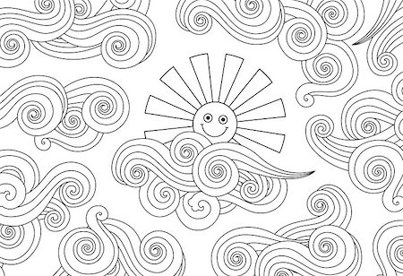 sun and clouds colouring - Contour image of smiling sun and clouds doodle style. Horizontal composition. Coloring book, antistress page for adult and older children. Editable vector illustration. Stock Photo - Budget Royalty-Free & Subscription, Code: 400-08974146