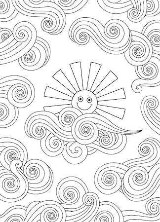 Contour image of smiling sun and clouds doodle style. Vertical composition. Coloring book, antistress page for adult and older children. Editable vector illustration. Stock Photo - Budget Royalty-Free & Subscription, Code: 400-08974147