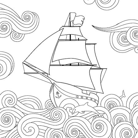 Contour image of sailing ship on the wave in zentangle ispired doodle style. Horizontal composition. Square composition. Coloring book, antistress page for adult and children. Vector illustration. Stock Photo - Budget Royalty-Free & Subscription, Code: 400-08974142