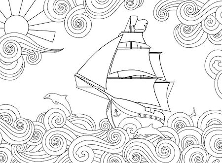 Contour image of ship on the wave in zentangle ispired doodle style. Horizontal composition. Coloring book, antistress page for adult and older children. Editable vector illustration. Stock Photo - Budget Royalty-Free & Subscription, Code: 400-08974143