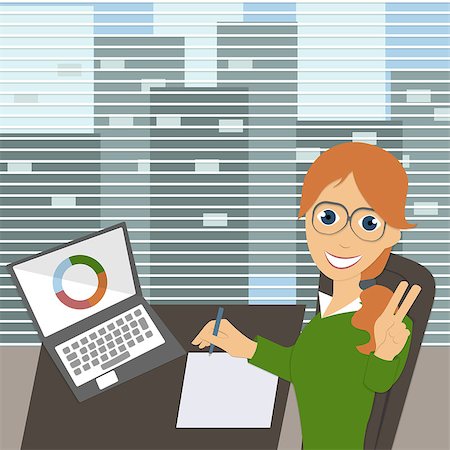 simsearch:400-08554629,k - Young happy female clerk sitting at the desk, signs documents, Peace Symbol, modern office, effective employee. Smiling office worker inspecting documents. Vector flat design illustration in square layout. Fotografie stock - Microstock e Abbonamento, Codice: 400-08974214