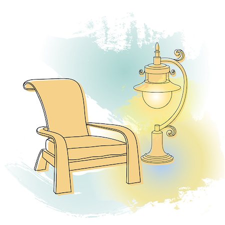Vector drawing. A lantern near the chair.  Outlines lamp and armchair. Stock Photo - Budget Royalty-Free & Subscription, Code: 400-08974224