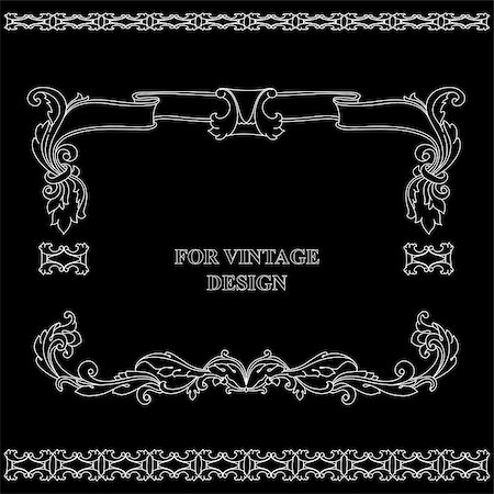 Vector frame with floral ornament on black background for vintage design. Hand drawn art. Decorative retro banner. Baroque. Antique floral illustration. Stock Photo - Budget Royalty-Free & Subscription, Code: 400-08974230
