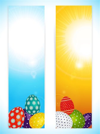 Two Vertical Easter Panels in Yellow and Blue with Decorated Eggs and Lens Flares Over Portrait Background Photographie de stock - Aubaine LD & Abonnement, Code: 400-08974395