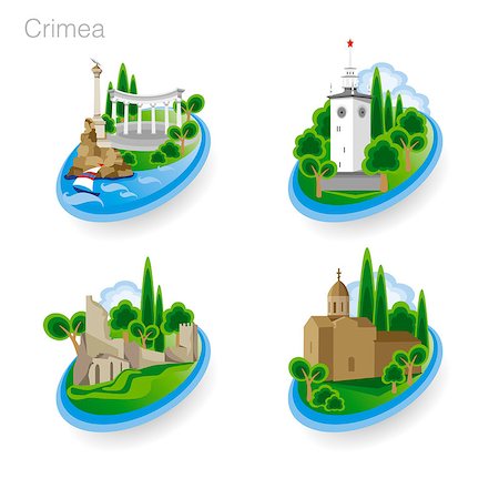 Landmarks of Crimea. Set of color icons. Drawing vector illustration Stock Photo - Budget Royalty-Free & Subscription, Code: 400-08974582