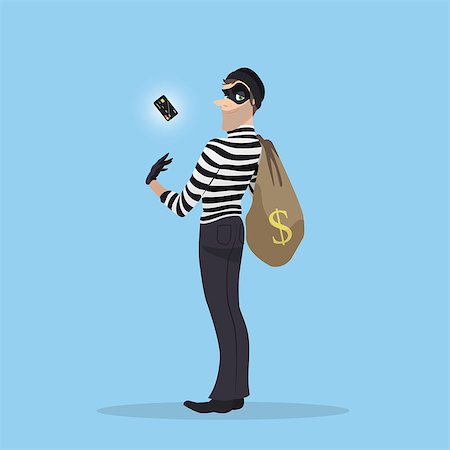 simsearch:400-08551381,k - A thief stole a credit card with money. Robber with a bag of stolen goods. Fotografie stock - Microstock e Abbonamento, Codice: 400-08974606