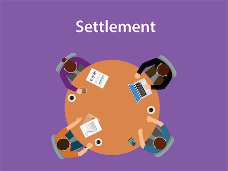 settled - Settlement concept discussion illustration with for people meeting on a table with paperworks on top of the table vector Stock Photo - Budget Royalty-Free & Subscription, Code: 400-08974704