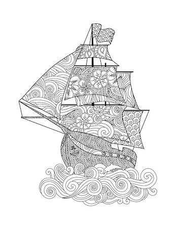 Ornate image of ship on the wave in zentangle inspired doodle style isolated on white. Vertical composition. Coloring book, antistress page for adult and older children. Vector illustration. Stock Photo - Budget Royalty-Free & Subscription, Code: 400-08974754