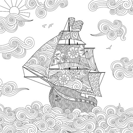 Ornate image of sailing ship on the wave in zentangle inspired doodle style. Square composition. Coloring book, antistress page for adult and children. Vector illustration. Stock Photo - Budget Royalty-Free & Subscription, Code: 400-08974764