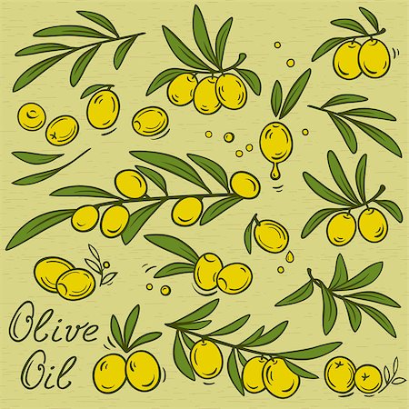 vintage olives set with oil drops and branches Stock Photo - Budget Royalty-Free & Subscription, Code: 400-08974760