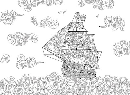 Contour image of sailing ship on the wave in zentangle inspired doodle style. Horizontal composition. Coloring book, antistress page for adult and children. Vector illustration. Stock Photo - Budget Royalty-Free & Subscription, Code: 400-08974763