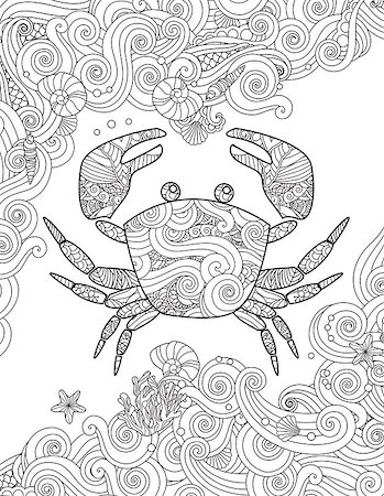 Coloring page. Ornate crab and sea waves. Vertical composition. Coloring book for adult and children. Vector illustration. Foto de stock - Super Valor sin royalties y Suscripción, Código: 400-08974775