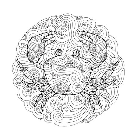 Coloring page. Ornate crab in circle, mandala isolated on white background. Square composition. Coloring book for adult and children. Editable vector illustration. Stock Photo - Budget Royalty-Free & Subscription, Code: 400-08974776