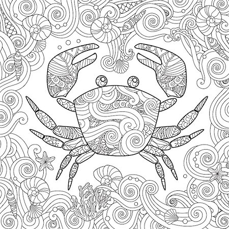 Coloring page. Ornate crab isolated on white background. Square composition. Coloring book for adult and children. Editable vector illustration. Stock Photo - Budget Royalty-Free & Subscription, Code: 400-08974777