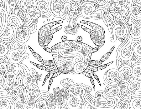 Coloring page. Ornate crab and sea wave curl background. Horizontal composition. Coloring book for adult and children. Editable vector illustration. Stock Photo - Budget Royalty-Free & Subscription, Code: 400-08974779