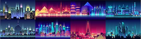 Vector horizontal illustration background city night neon style architecture buildings town country travel Moscow Russian capital France, Paris, Japan, India, Egypt, pyramids, China, Brazil, USA Stock Photo - Budget Royalty-Free & Subscription, Code: 400-08974789