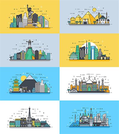 Vector vertical illustration background icon linear style architecture building town city country travel Moscow, Russian, capital, France, Paris, Japan, India, Egypt, pyramids, China, Brazil USA Foto de stock - Super Valor sin royalties y Suscripción, Código: 400-08974797