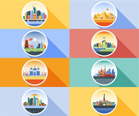 Vector vertical illustration background icon circle flat style architecture building town city country travel Moscow, Russian, capital, France, Paris, Japan, India, Egypt, pyramids, China, Brazil USA Stock Photo - Budget Royalty-Free & Subscription, Code: 400-08974863