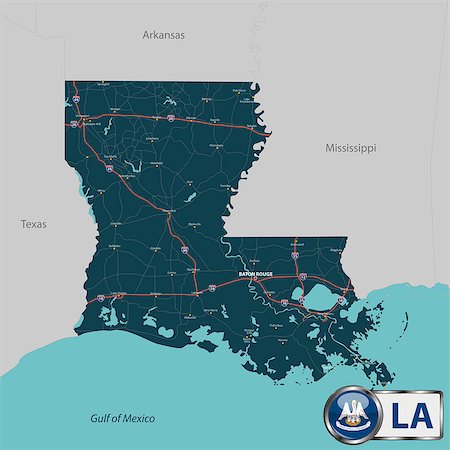 Vector set of Louisiana state with roads map, cities and neighboring states Foto de stock - Super Valor sin royalties y Suscripción, Código: 400-08975719