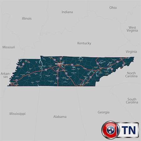 Vector set of Tennessee state with roads map, cities and neighboring states Stock Photo - Budget Royalty-Free & Subscription, Code: 400-08975725