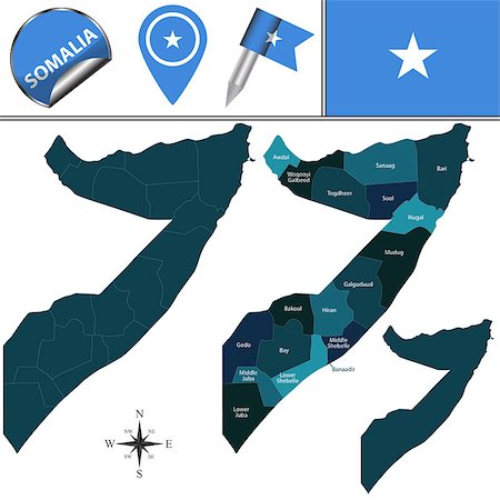 simsearch:400-08502417,k - Vector map of Somalia with named regions (gobols) and travel icons Stock Photo - Budget Royalty-Free & Subscription, Code: 400-08975733