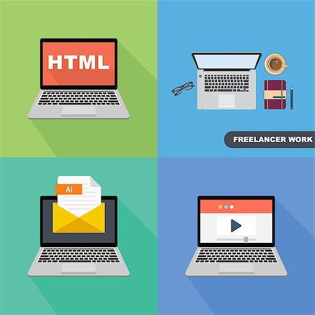 simsearch:400-08816953,k - Set of icons and pictures of IT theme and business concept. Laptops with letters and programming in html. Fotografie stock - Microstock e Abbonamento, Codice: 400-08975967