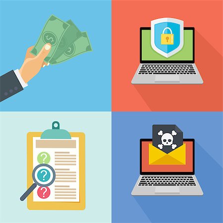 simsearch:400-08816953,k - Vector collection of flat and colorful business concepts. Hand with money and laptop with shied safety. Laptop with envelope spam and virus. Fotografie stock - Microstock e Abbonamento, Codice: 400-08975973