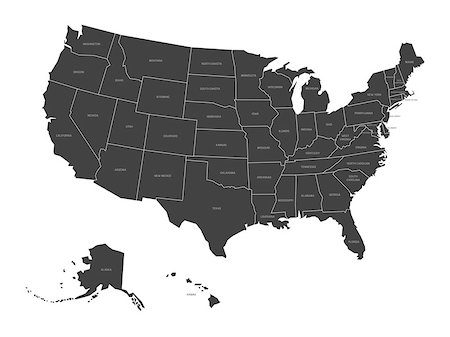 Map of United States of America with state names. Simplified dark grey silhouette vector map on white background. Stock Photo - Budget Royalty-Free & Subscription, Code: 400-08976166