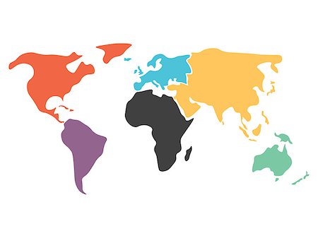 pytyczech (artist) - Multicolored world map divided to six continents in different colors - North America, South America, Africa, Europe, Asia and Australia Oceania. Simplified silhouette blank vector map without labels. Photographie de stock - Aubaine LD & Abonnement, Code: 400-08976160