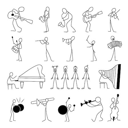 Cartoon icons set of sketch stick musician figures vector people in cute miniature scenes. Stock Photo - Budget Royalty-Free & Subscription, Code: 400-08976387