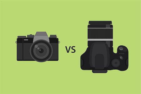 photographer mirror - comparing Mirrorless camera vs DSLR camera picture illustration with black color and green background vector Stock Photo - Budget Royalty-Free & Subscription, Code: 400-08976412