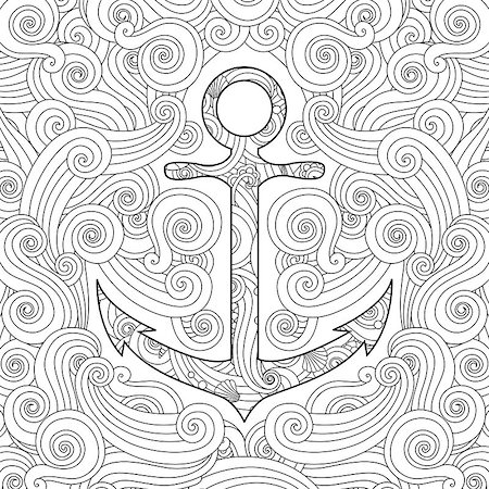 Coloring page with anchor in waves. Zentangle inspired doodle style. Square composition. Coloring book for adult and older children. Editable vector illustration. Stock Photo - Budget Royalty-Free & Subscription, Code: 400-08976427