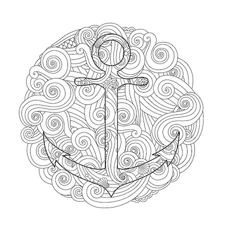 Coloring page with anchor in wave mandala. Zentangle inspired doodle style. Square composition. Coloring book for adult and older children. Editable vector illustration. Stock Photo - Budget Royalty-Free & Subscription, Code: 400-08976429