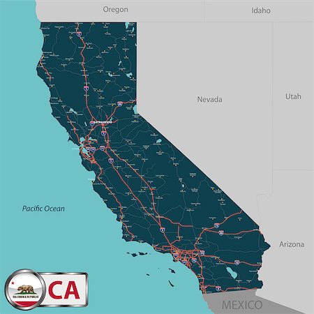 states flag and atlas - Vector set of California state with roads map, cities and neighboring states Stock Photo - Budget Royalty-Free & Subscription, Code: 400-08976595