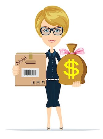 simsearch:400-08968192,k - Express Cargo Delivery Icon. Special delivery with businesswoman. Business character holding cardboard box and money for payment . Isolated on white background. Stock vector illustration Foto de stock - Super Valor sin royalties y Suscripción, Código: 400-08976728