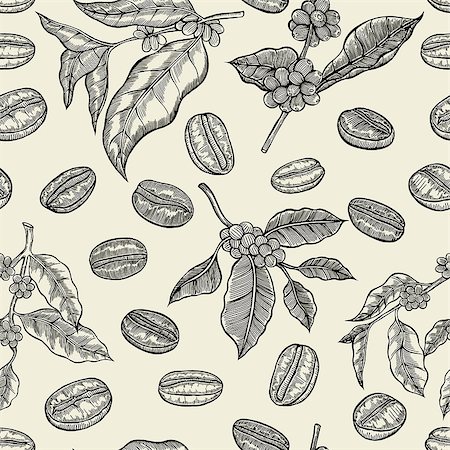 Seamless coffee background with branch of coffee and coffee beans. Hand drawn illustration in sketch style. Stock Photo - Budget Royalty-Free & Subscription, Code: 400-08976947