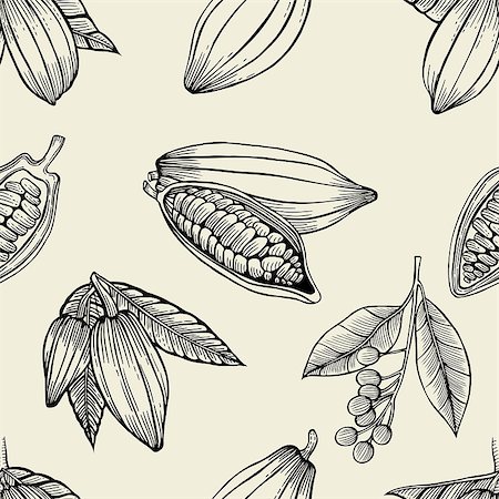 frescomovie (artist) - Vector seamless pattern of cocoa beans and leaves. Hand drawn engraved art. Healthy beauty hair nutrition. design your fashion care products, branding, identity, advertisement, promotion. Stock Photo - Budget Royalty-Free & Subscription, Code: 400-08976942