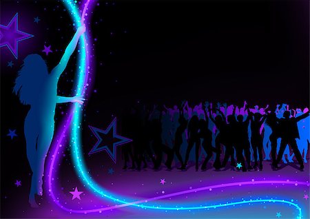 people dancing in night club with arms in air - Dance Party Background with Young Woman Silhouette Holding Light Chain and Dancing Crowd - Abstract Illustration, Vector Stock Photo - Budget Royalty-Free & Subscription, Code: 400-08976994