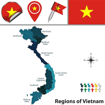 simsearch:400-09118123,k - Vector map of Vietnam with named regions, flags and icons Photographie de stock - Aubaine LD & Abonnement, Code: 400-08977544