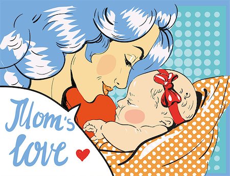 drawn baby - Mothers day. Mother and daughter in pop art retro comic style. Vector art for stock Stock Photo - Budget Royalty-Free & Subscription, Code: 400-08977752