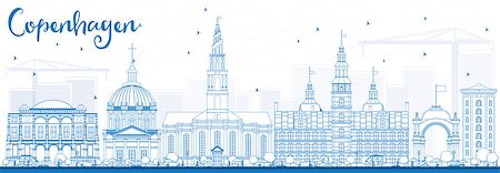 simsearch:400-08628897,k - Outline Copenhagen Skyline with Blue Landmarks. Vector Illustration. Business Travel and Tourism Concept with Historic Buildings. Image for Presentation Banner Placard and Web Site. Foto de stock - Super Valor sin royalties y Suscripción, Código: 400-08977941