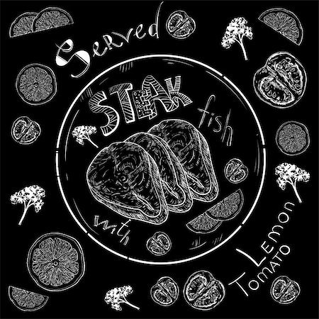 steak and shellfish - Lettering fish steak served with lemon, tomato, seafood, menu, seafood restaurant, hand drawn with brush pen. Logo. Could be used for fish restaurant, market. Stock Photo - Budget Royalty-Free & Subscription, Code: 400-08977966