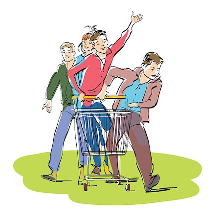 people running to the store to the store - Young people with a grocery cart. Caricature cartoon style hand drawn color illustration Stock Photo - Budget Royalty-Free & Subscription, Code: 400-08978154