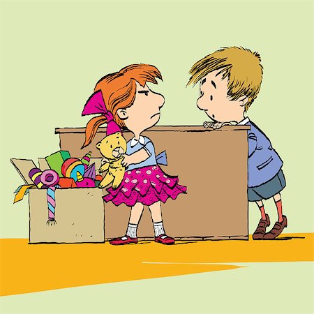 pustovit (artist) - Greedy girl with toy and boy. Caricature cartoon style hand drawn color illustration Fotografie stock - Microstock e Abbonamento, Codice: 400-08978155