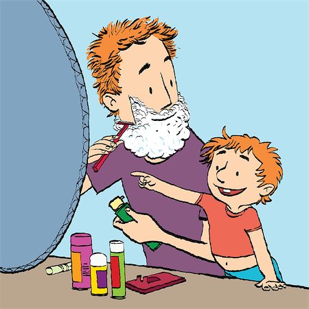 pustovit (artist) - Dad shaves son watches. Caricature cartoon style hand drawn color illustration Fotografie stock - Microstock e Abbonamento, Codice: 400-08978158